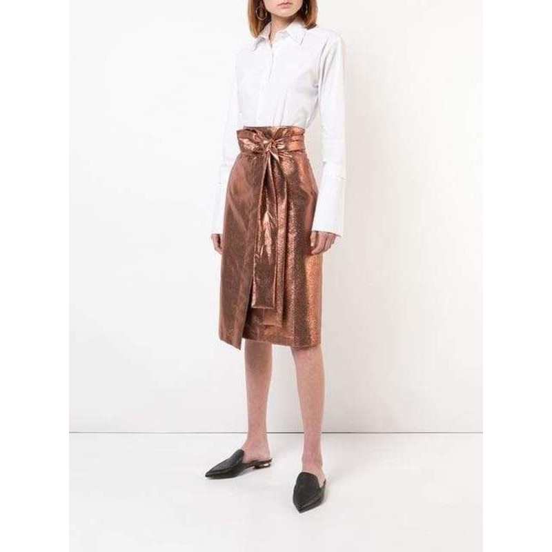 Kamperett Florence Skirt Copper Metallic Wrap Pleated Midi High Rise Small Usa — image 5 of 8